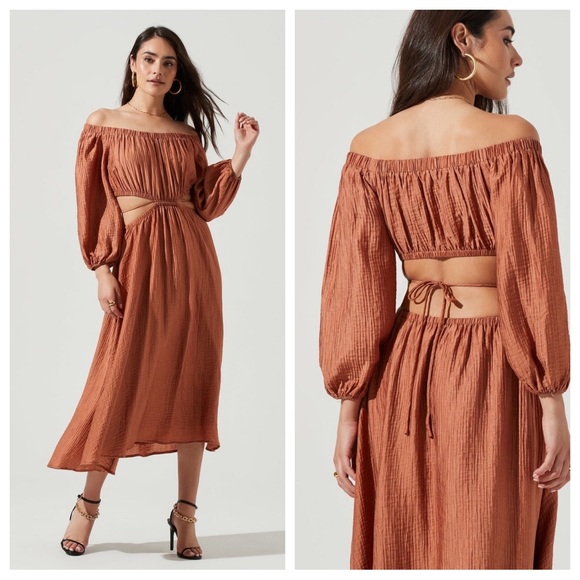 Astr Dresses & Skirts - NWT Astr Cassian Cut Out Off The Shoulder Midi Dress In Warm Brown